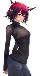 Rule 34 | 1girl, absurdres, alternate breast size, alternate hair length, alternate hairstyle, arms behind back, black sweater, blue eyes, blue pants, blurry, breasts, getto, gradient hair, heterochromia, highres, hololive, hololive english, horns, irys (hololive), long sleeves, looking at viewer, multicolored hair, outdoors, pants, parted lips, pointy ears, purple eyes, purple hair, short hair, simple background, small breasts, smile, solo, sweater, turtleneck, turtleneck sweater, virtual youtuber, white background