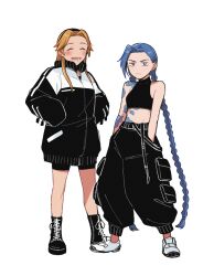 Rule 34 | 2girls, :d, ^ ^, alternate costume, arm tattoo, bare shoulders, black footwear, black jacket, black pants, black tank top, blue hair, blush, bowwow (hamju94), braid, breasts, closed eyes, closed mouth, cloud tattoo, crop top, frown, happy, jacket, jinx (league of legends), league of legends, long hair, long sleeves, lower teeth only, lux (league of legends), multiple girls, open mouth, oversized clothes, pants, pink eyes, puffy pants, puffy sleeves, shoes, small breasts, smile, stomach tattoo, tank top, tattoo, teeth, twin braids, very long hair, white footwear, white jacket