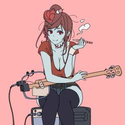 Rule 34 | 10s, alternate costume, amplifier, blue skin, breasts, casual, cleavage, colored skin, electronic cigarette, hair ornament, half-closed eyes, holding, holding smoking pipe, instrument, large breasts, onsen tamago (hs egg), pink background, red eyes, red shirt, shamisen, shirt, short sleeves, simple background, sitting, smoking, smoking pipe, solo, stitches, thighhighs, yuugiri (zombie land saga), zombie, zombie land saga
