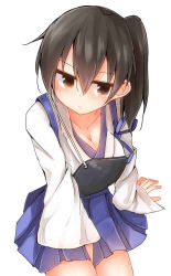 Rule 34 | 10s, 1girl, blue skirt, breasts, brown eyes, brown hair, cleavage, highres, japanese clothes, jpeg artifacts, kaga (kancolle), kantai collection, mizushina minato, muneate, side ponytail, simple background, skirt, solo, white background