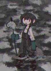 Rule 34 | 1girl, arm at side, black hair, black overalls, chromatic aberration, creature, hand up, highres, holding, holding polearm, holding weapon, kezuru, legs apart, limited palette, looking at viewer, lower teeth only, medium hair, no sclera, open mouth, original, overalls, polearm, red eyes, shirt, solo, standing, teeth, wading, water, weapon, white shirt, | |