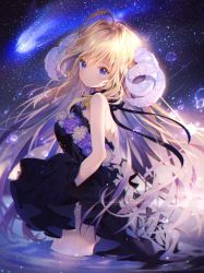 Rule 34 | 1girl, black dress, blonde hair, blush, closed mouth, clothes lift, comet, commentary request, curled horns, dress, dress lift, falling star, flower, hair between eyes, highres, horns, kurokuma (kuro kumagaya), light smile, long hair, looking at viewer, looking to the side, night, night sky, original, purple eyes, purple flower, purple rose, rose, sky, solo, star (sky), starry sky, strapless, strapless dress, very long hair, wading, water, white flower
