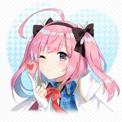 Rule 34 | 1girl, ;), ahoge, azur lane, black bow, black hairband, blush, bow, closed mouth, diagonal stripes, gingham, gloves, hair between eyes, hair bow, hairband, hand up, heart, index finger raised, jacket, jacket on shoulders, looking at viewer, one eye closed, partially fingerless gloves, pink hair, plaid, purple eyes, red bow, saratoga (azur lane), silveroid, smile, solo, striped, striped background, two side up, white gloves, white jacket