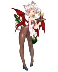 Rule 34 | 1girl, ;d, alcohol, animal ears, barcode, barcode tattoo, bare shoulders, bat wings, beads, bell, black gloves, black pantyhose, blue footwear, blush, cat ears, cat tail, champagne, choker, collarbone, cork, drink, fang, fishnet pantyhose, fishnets, fujidouyuu, full body, glass, gloves, hand on own chest, head tilt, high heels, highres, holding, holding with tail, jingle bell, kittysuit, leotard, looking at viewer, low wings, multiple wings, nontraditional playboy bunny, one eye closed, open mouth, original, pantyhose, prehensile tail, red ribbon, ribbon, shoes, short hair, silver hair, slit pupils, smile, solo, tail, tattoo, tray, wings, wrist cuffs, yellow eyes