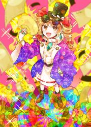 Rule 34 | 1girl, bag, bangle, bow, bracelet, coat, dress, drill hair, earrings, eyewear on head, floral print, full body, gold, hair bow, hand fan, handbag, hat, hat bow, high collar, highres, holding, holding fan, itomugi-kun, jewelry, light brown hair, long hair, long sleeves, looking at viewer, necklace, open mouth, orange eyes, pendant, ribbon, ring, round eyewear, skirt, smile, solo, sunburst, sunglasses, top hat, touhou, twin drills, white dress, yorigami jo&#039;on
