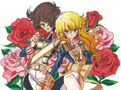 Rule 34 | 1boy, 1girl, andre grandier, androgynous, blonde hair, blue eyes, brown hair, closed mouth, epaulettes, floral background, flower, green eyes, hair over one eye, hand on own hip, hand up, holding, holding flower, holding sword, holding weapon, long hair, long sleeves, looking at viewer, meremero, open mouth, oscar francois de jarjayes, pants, pink flower, pink rose, rapier, red flower, red rose, rose, sash, short hair, smile, standing, sword, third-party source, traditional media, uniform, versailles no bara, weapon, white pants