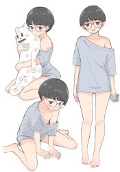 Rule 34 | 1girl, bare legs, beer can, black eyes, bowl cut, can, collarbone, drink can, female focus, glasses, highres, holding, holding can, holding stuffed toy, looking at viewer, naked shirt, noe aoikaba, open mouth, original, round eyewear, shirt, short sleeves, simple background, single bare shoulder, sitting, solo, stuffed toy, wariza, white background