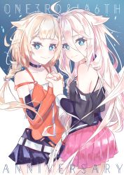 Rule 34 | 2girls, a ruuuuuuuud, absurdres, ahoge, anniversary, bad id, bad pixiv id, belt, black shirt, black skirt, blue eyes, braid, character name, collar, collarbone, cowboy shot, detached sleeves, forehead-to-forehead, hair tie, heads together, highres, holding hands, ia (vocaloid), looking at viewer, multiple girls, nail polish, off-shoulder shirt, off shoulder, one (cevio), one - kagayaku kisetsu e, orange nails, orange shirt, pink hair, pink skirt, platinum blonde hair, pleated skirt, shirt, skirt, smile, spaghetti strap, vocaloid