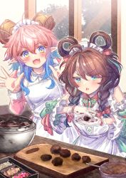 Rule 34 | 2girls, :d, ahoge, apron, blue eyes, blue hair, blush, braid, brown hair, chestnut mouth, chocolate, collared shirt, curled horns, cutting board, detached sleeves, fangs, green hair, green skirt, green sleeves, hair between eyes, hair over shoulder, hair rings, hands up, highres, horns, indoors, ittokyu, long hair, long sleeves, maid headdress, mixing bowl, multicolored hair, multiple girls, open mouth, original, pink hair, pointy ears, shirt, skirt, smile, spoon, streaked hair, sweat, table, transparent, twin braids, v-shaped eyebrows, white apron, white shirt, wide sleeves