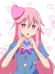 Rule 34 | 1girl, blue shirt, blush, bow, bowtie, cato (monocatienus), circle, commentary request, hair between eyes, hair ornament, hata no kokoro, heart, heart hair ornament, heart hands, long hair, looking at viewer, open mouth, pink eyes, pink hair, plaid, plaid shirt, purple bow, purple bowtie, shirt, short sleeves, sidelocks, simple background, solo, star (symbol), touhou, triangle, unmoving pattern, upper body, very long hair, white background