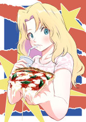 Rule 34 | 1girl, blonde hair, blue eyes, commentary, cropped torso, cup, disposable cup, drinking straw, dripping, emblem, food, food in mouth, foreshortening, girls und panzer, hair intakes, highres, holding, holding cup, holding food, incoming food, kay (girls und panzer), lips, long hair, looking at viewer, oze (xyz go go11), pizza, pizza slice, religious offering, saunders (emblem), shirt, short sleeves, solo, standing, star (symbol), t-shirt, upper body, white shirt