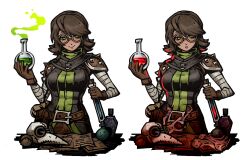 Rule 34 | 1girl, bandaged arm, bandages, blush, breasts, brown gloves, brown hair, chinese commentary, darkest dungeon, gloves, green eyes, h ikenuma, highres, looking at viewer, medium breasts, medium hair, papers, parted lips, plague doctor (darkest dungeon), plague doctor mask, potion, round eyewear, shoulder spikes, simple background, smile, spiked pauldrons, spikes, variations, vial, white background
