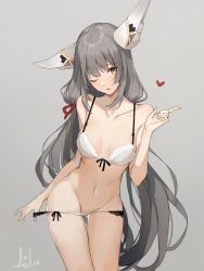 Rule 34 | 1girl, aiko (kanl), animal ears, bare arms, bare shoulders, bow, bow bra, bra, breasts, collarbone, contrapposto, cowboy shot, gluteal fold, grey background, grey hair, hand up, heart, highres, index finger raised, long hair, medium breasts, navel, nia (blade) (xenoblade), nia (xenoblade), nintendo, niyah, one eye closed, panties, panty pull, pulling own clothes, simple background, solo, spoilers, standing, thigh gap, underwear, white bra, white panties, xenoblade chronicles (series), xenoblade chronicles 2