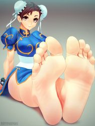Rule 34 | 1girl, barefoot, bracelet, brown eyes, brown hair, bun cover, capcom, chinese clothes, chun-li, double bun, earrings, feet, female focus, foot focus, foreshortening, jewelry, light smile, looking at viewer, perspective, pov, puffypinkpaws, sitting, smile, soles, spiked bracelet, spikes, street fighter, toes