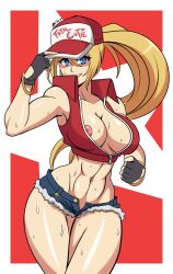 Rule 34 | 1girl, abs, absurdres, areola slip, baseball cap, blonde hair, blue eyes, breasts, cleavage, collarbone, denim, denim shorts, fatal fury, fatal fury cap, fingerless gloves, genderswap, genderswap (mtf), gloves, hat, highres, jewelry, large areolae, large breasts, long hair, looking at viewer, mergeritter, micro shorts, midriff, muscular, muscular female, navel, nipple slip, nipples, no bra, ponytail, red vest, shorts, snk, snk heroines: tag team frenzy, solo, terry bogard, the king of fighters, thighs, vest