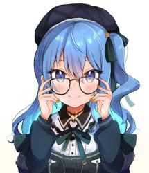 Rule 34 | 1girl, 2000s (style), beret, black choker, black hat, black jacket, blue eyes, blue hair, choker, eyebrows hidden by hair, glasses, hat, highres, hololive, hoshimachi suisei, hoshimachi suisei (streetwear), jacket, looking at viewer, maru ccy, official alternate costume, side ponytail, smile, solo, upper body, virtual youtuber, white background