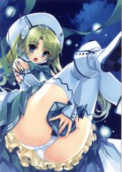 Rule 34 | 1girl, :o, absurdres, ass, bare shoulders, blue eyes, blush, boots, bow, cloud, comic aun, covering privates, covering crotch, detached sleeves, from below, green hair, hat, high heels, highres, misaki kurehito, night, night sky, open mouth, original, panties, pantyshot, pleated skirt, shoes, skirt, sky, solo, tears, thighhighs, twintails, underwear, upskirt, white panties, white thighhighs
