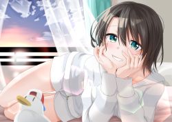 Rule 34 | 1girl, aqua eyes, arm support, blush, brown hair, commentary request, curtains, grin, hand on own chin, highres, hinata kokage, hololive, indoors, long sleeves, looking at viewer, lounging, lying, morning, on side, oozora subaru, pajamas, short hair, short shorts, shorts, smile, solo, swept bangs, teeth, virtual youtuber, white shorts, window