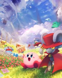 Rule 34 | :d, arm up, bell, blue eyes, blush, blush stickers, cake, cake slice, cape, cloak, cloud, colonnade, column, daroach, day, doc (kirby), eyepatch, field, flower, flower field, food, fork, fruit, grass, happy, hat, highres, holding, holding fork, jingle bell, kirby, kirby (series), kirby squeak squad, mouse (animal), nintendo, no humans, open mouth, outdoors, pillar, pink flower, red cape, red cloak, red flower, red footwear, red headwear, red shirt, ruins, shirt, sky, smile, spinni, squeakers, storo, strawberry, strawberry shortcake, sunglasses, suyasuyabi, top hat, ufo, watering, watering can, yellow flower