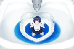 Rule 34 | 1girl, black hair, blue eyes, bra visible through clothes, commentary, eye drops, glass, original, school uniform, see-through, short hair, solo, tears, wet, wet clothes, yajirushi (chanoma)