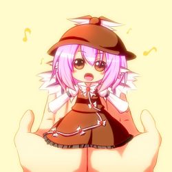 Rule 34 | 1girl, :o, animal ears, blush, brown eyes, chibi, cuon (kuon), hat, in palm, music, musical note, mystia lorelei, open mouth, pink hair, short hair, simple background, singing, solo, solo focus, take it home, touhou, wings