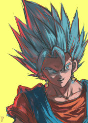 Rule 34 | 1boy, alto (natsusansai), blue eyes, blue hair, collarbone, commentary request, dragon, dragon ball, dragon ball super, earrings, highres, jewelry, male focus, open mouth, potara earrings, signature, smile, solo, super saiyan, super saiyan blue, upper body, vegetto, yellow background