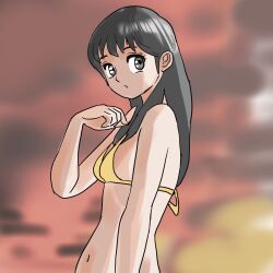Rule 34 | 1girl, bikini, blurry, blurry background, cowboy shot, dusk, from side, grey eyes, grey hair, highres, long hair, looking at viewer, navel, original, pict9370, red sky, sky, solo, standing, swimsuit, yellow bikini