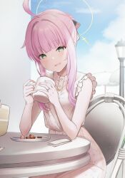 Rule 34 | 1girl, ahoge, blue archive, blush, cup, dress, green eyes, halo, holding, holding cup, jewelry, kaya (blue archive), long hair, looking at viewer, mashiro aa, open mouth, pink hair, ring, sitting, sleeveless, sleeveless dress, smile, solo, white dress, yellow halo