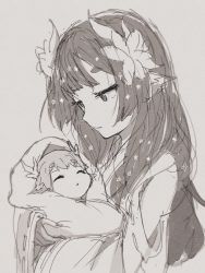 Rule 34 | age difference, animal ears, aquaplus, baby, closed mouth, flower, flower on head, from side, greyscale, hair over shoulder, height difference, holding, holding baby, long hair, looking at another, monochrome, nose, oreo dhc, orishiro, sidelocks, upper body, utawarerumono, utawarerumono: lost flag