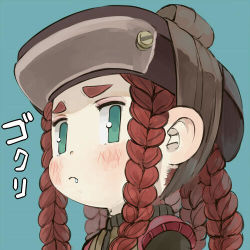 Rule 34 | 1girl, blue background, braid, brown hair, brown hat, closed mouth, commentary request, copy x (mega man), ebimomo, fang, fang out, green eyes, hat, lowres, multiple braids, portrait, quad tails, simple background, solo