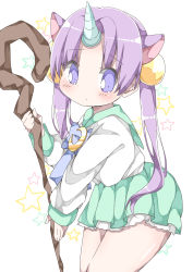 Rule 34 | 1girl, absurdres, animal ears, blue bow, blush, bow, closed mouth, commentary request, crescent, green sailor collar, green skirt, hair ornament, hamada pengin, highres, holding, holding staff, horns, horse ears, horse girl, long hair, long sleeves, original, parted bangs, personification, pleated skirt, purple eyes, purple hair, sailor collar, school uniform, serafuku, shirt, simple background, single horn, skirt, sleeves past wrists, solo, staff, star (symbol), twintails, unicorn girl, very long hair, white background, white shirt