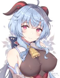 Rule 34 | 1girl, ahoge, ayuanlv, bare shoulders, bell, blue hair, blush, bodysuit, breasts, commentary, cowbell, dated, detached sleeves, ganyu (genshin impact), genshin impact, goat horns, horns, large breasts, light smile, long hair, looking at viewer, solo, upper body