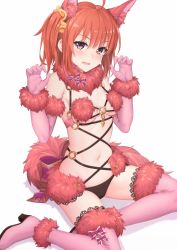 Rule 34 | 1girl, :d, animal ears, bare shoulders, blush, boots, breasts, claw pose, cleavage, cosplay, detached collar, elbow gloves, fang, fate/grand order, fate (series), fujimaru ritsuka (female), fur collar, gloves, hair ornament, hair scrunchie, highres, lace trim, looking at viewer, mash kyrielight, mash kyrielight (dangerous beast), mash kyrielight (dangerous beast) (cosplay), medium breasts, official alternate costume, open mouth, orange hair, pink eyes, pink gloves, purple footwear, revealing clothes, scrunchie, shielder (fate/grand order), shielder (fate/grand order) (cosplay), shuutou haruka, side ponytail, simple background, sitting, small breasts, smile, solo, tail, thigh boots, thighhighs, white background, wolf ears, wolf tail, yokozuwari