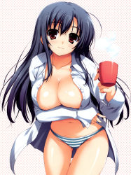 Rule 34 | 1girl, absurdres, blue hair, breast hold, breasts, cleavage, coffee, cup, dotted background, highres, large breasts, long hair, mug, no pants, open clothes, open shirt, original, panties, shirt, smile, solo, striped clothes, striped panties, tomose shunsaku, underwear