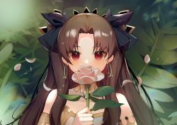 Rule 34 | 1girl, armlet, black ribbon, blue skirt, brown hair, commentary, earrings, fate/grand order, fate (series), flower, hair flower, hair ornament, hair ribbon, headpiece, ishtar (fate), jewelry, long hair, looking at viewer, neck ribbon, red eyes, ribbon, skirt, solo, strapless, tiara, tube top, two side up, upper body, xoaiu