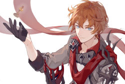 Rule 34 | 1boy, armor, black gloves, blue eyes, chess piece, collarbone, collared shirt, earrings, genshin impact, gloves, grey jacket, hair between eyes, half gloves, highres, holding, jacket, jewelry, lhfei, looking at viewer, male focus, mask, orange hair, scarf, shirt, short hair, shoulder armor, simple background, sleeves rolled up, smile, tartaglia (genshin impact), white background