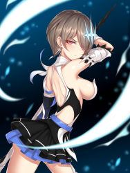 Rule 34 | 1girl, bare shoulders, breasts, brown hair, closed mouth, dress, earrings, hair ornament, hair over one eye, highres, holding, holding weapon, honkai (series), honkai impact 3rd, jewelry, looking at viewer, looking back, mole, mole under eye, purple eyes, rita rossweisse, rita rossweisse (artemis), ruo zhishi chu jian, scythe, short hair, sideboob, solo, v-shaped eyebrows, weapon