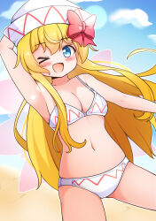 1girl :d arm_up armpits bare_arms beach bikini blonde_hair blue_eyes blush bow bowtie breasts cleavage cloud cloudy_sky cowboy_shot day eyebrows_hidden_by_hair fairy_wings hair_ornament hand_on_own_head happy hat highres keepkeep0322 lily_white long_hair navel one_eye_closed open_mouth outdoors red_bow sidelocks sky smile solo stomach swimsuit touhou underwear very_long_hair white_hat wings