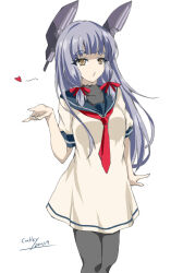 Rule 34 | 1girl, artist name, black pantyhose, blowing kiss, blue sailor collar, blunt bangs, dated, dress, feet out of frame, floating headgear, gakky, grey hair, hair ribbon, headgear, highres, kantai collection, long hair, murakumo (kancolle), necktie, one-hour drawing challenge, pantyhose, red necktie, ribbon, sailor collar, sidelocks, simple background, solo, standing, tress ribbon, white background, white dress, yellow eyes