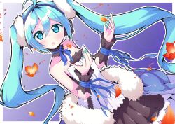Rule 34 | 1girl, 7th dragon (series), 7th dragon 2020, :o, ahoge, aqua eyes, aqua hair, aqua nails, bare shoulders, blue ribbon, blurry, blurry foreground, blush, border, commentary, detached collar, diagonal stripes, dress, floro (7th dragon), flower, fur trim, gradient background, hair ornament, halftone, halftone background, hands up, hatsune miku, headphones, highres, long hair, looking at viewer, neck ribbon, open mouth, outline, outside border, petals, purple background, ribbon, solo, strapless, strapless dress, striped, teddyfredy26, twintails, upper body, very long hair, vocaloid, white border, white outline, wrist cuffs