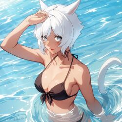 Rule 34 | 1girl, alternate costume, animal ears, bikini, black bikini, blue nails, breasts, cat ears, cat girl, cat tail, cleavage, closed mouth, collarbone, commentary, dark-skinned female, dark skin, english commentary, facial mark, final fantasy, final fantasy xiv, grey eyes, highres, lips, looking at viewer, lyra-kotto, medium breasts, miqo&#039;te, neck tattoo, partially submerged, red lips, short hair, smile, solo, swept bangs, swimsuit, tail, tattoo, twitter username, water, white hair, y&#039;shtola rhul
