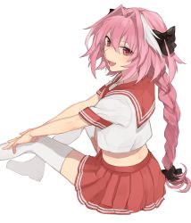 Rule 34 | 1boy, astolfo (fate), astolfo (sailor paladin) (fate), bad id, bad twitter id, blush, braid, fang, fate/apocrypha, fate/grand order, fate (series), hair intakes, hair ribbon, hita (hitapita), long hair, looking at viewer, male focus, official alternate costume, open mouth, pink hair, purple eyes, ribbon, school uniform, simple background, single braid, smile, solo, trap