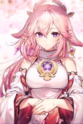 Rule 34 | 1girl, animal ears, bare shoulders, breasts, brooch, closed mouth, detached sleeves, earrings, expressionless, floppy ears, genshin impact, headdress, highres, japanese clothes, jewelry, komeshiro kasu, long hair, long sleeves, looking at viewer, medium breasts, own hands together, pink hair, shirt, solo, upper body, white shirt, wide sleeves, yae miko