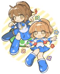 +_+ 2girls arle_nadja armor blue_cape blue_footwear blue_skirt blush boots brown_eyes brown_hair cape clenched_hand dual_persona fire flower half_updo highres jsjefff looking_at_viewer madou_monogatari multiple_girls open_mouth ponytail puyo_(puyopuyo) puyopuyo pyrokinesis red_cape shirt short_cape short_hair skirt smile