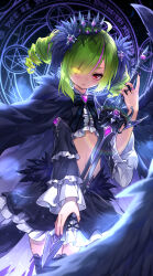 Rule 34 | 1girl, absurdres, ahoge, alternate costume, black cape, black nails, black skirt, black thighhighs, cape, commentary request, cropped shirt, crown, curry bowl, delutaya, drill hair, feathered cape, frilled skirt, frilled sleeves, frills, glowing, glowing eye, gothic lolita, green hair, hair over one eye, heterochromia, highres, holding, holding sword, holding weapon, indie virtual youtuber, jewelry, lace, lace-trimmed thighhighs, lace trim, lolita fashion, midriff, miniskirt, multicolored hair, nail polish, pink hair, pleated skirt, red eyes, ring, skirt, solo, streaked hair, sword, thighhighs, twin drills, twintails, virtual youtuber, weapon, yellow eyes