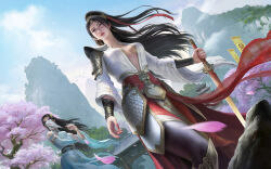 Rule 34 | arm guards, banner, black hair, blue dress, cherry blossoms, chinese clothes, dress, earrings, evillllllllllllllllllllll, from below, gate, hair ornament, highres, holding, holding sword, holding weapon, jewelry, jian (weapon), long hair, mountain, open clothes, original, pants, ponytail, realistic, rock, sweatdrop, sword, veil, weapon