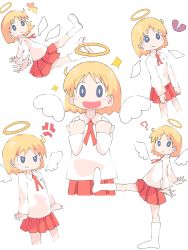 Rule 34 | angel, angel wings, anger vein, angry, blonde hair, boots, broken heart, calf boots, detached wings, grey eyes, grin, halo, happy, heart, helvetica standard, highres, memoi, multiple views, neckerchief, nichijou, pino (helvetica standard), pleated skirt, question mark, red neckerchief, red skirt, sad, shirt, shoe soles, shoes, short hair, simple background, skirt, smile, tearing up, white background, white shirt, wings
