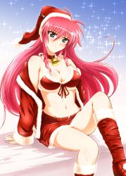 Rule 34 | 00s, 1girl, arm support, bare shoulders, bell, neck bell, blue eyes, blush, boots, breasts, cleavage, coat, collar, diesel-turbo, front-tie top, hat, long hair, looking at viewer, lyrical nanoha, mahou shoujo lyrical nanoha, miniskirt, open fly, pink hair, santa boots, santa hat, signum, sitting, skirt, smile, solo, sparkle, unzipped
