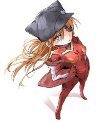 Rule 34 | 1girl, :o, animal hat, badge, bibi02, blue eyes, bodysuit, breasts, button badge, duct tape, eyepatch, floating hair, foreshortening, from above, hair between eyes, hands in pockets, hat, hat ornament, highres, jacket, long hair, looking at viewer, looking up, neon genesis evangelion, off shoulder, open clothes, open jacket, open mouth, orange hair, pilot suit, plugsuit, rebuild of evangelion, shadow, simple background, single vertical stripe, small breasts, solo, souryuu asuka langley, standing, track jacket, turtleneck, white background