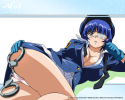Rule 34 | 00s, 1girl, ass, blue hair, breasts, cleavage, costume, cuffs, eyepatch, female focus, gloves, green eyes, handcuffs, hat, ikkitousen, large breasts, lying, panties, police, police uniform, ryomou shimei, shiozaki yuji, short hair, solo, underwear, uniform, white background
